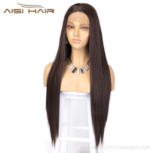 Aisi Hair Hot Selling Long Silky Straight Brown Wig Middle Part Swiss Lace Wig Cheap Synthetic Lace Front Wigs For Black Women
